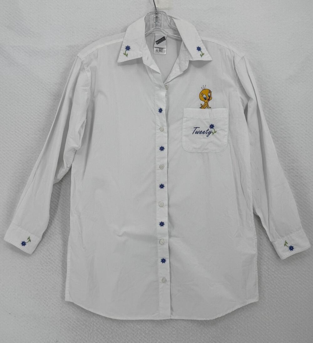 Warner Bros Studio Store White Tweety Bird Long Sleeve Poplin Button Top Sz XS